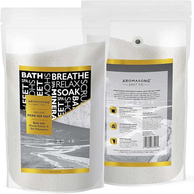 Aromasong Dead Sea Bath Salt - 100% Pure & Natural Dead Sea Salts for Soaking Fine Grain 5 LB - Bulk Resealable Pack (Packaging May Vary) Used for Body wash Scrub - Soak for Women & Men.-Velvo Beauty