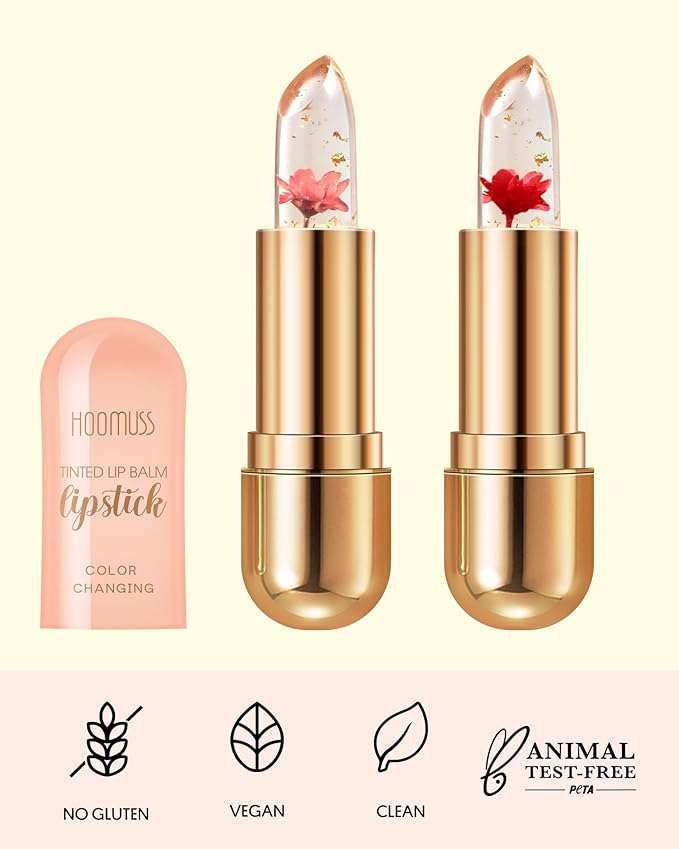 Tinted Lip Balm, Flower Lipstick Tinted Lip Gloss Long Lasting PH Lipstick, Color Changing Lipstick Natural Chapstick, Glitter Pink Shade Lipstick, Red Flower-Velvo Beauty