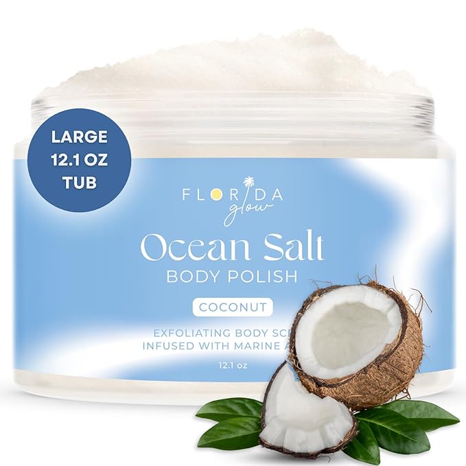 Sea Salt Body Scrub by Florida Suncare - Ocean Salt Body Polish Infused with Marine Algae - Exfoliating Face and Body Scrub - Facial Scrub Exfoliator to Tackle Acne and Scars (Coconut, 12.1 oz)-Velvo Beauty