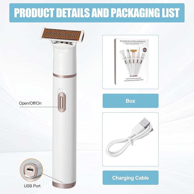 Women Face Epilator, 5 in 1 Epilator Hair Removal for Women, Electric Rechargeable Facial Hair Divice for Face,Lip,Chin with 5 x Replacement Heads, Nose Trimmer for All Skin Types-Velvo Beauty