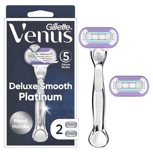 Gillette Venus Deluxe Smooth Platinum Razors for Women, 1 Venus Razor, 2 Razor Blade Refills, Metal Handle with Anti-Slip Grip-Velvo Beauty