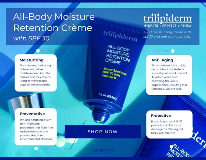 Trilipiderm All-Body Moisture Retention Crème with SPF 30, Vitamin D - 8oz Airless Pump Sunscreen-Velvo Beauty