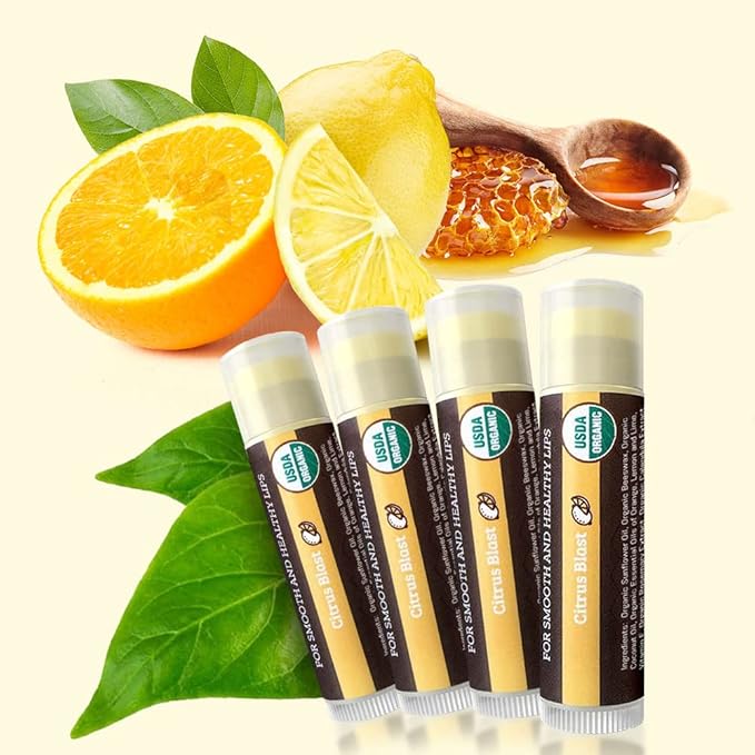 USDA Organic Lip Balm 4-Pack by Earth's Daughter - Citrus Flavor, Beeswax, Coconut Oil, Vitamin E - Best Lip Repair Chapstick for Dry Cracked Lips.-Velvo Beauty