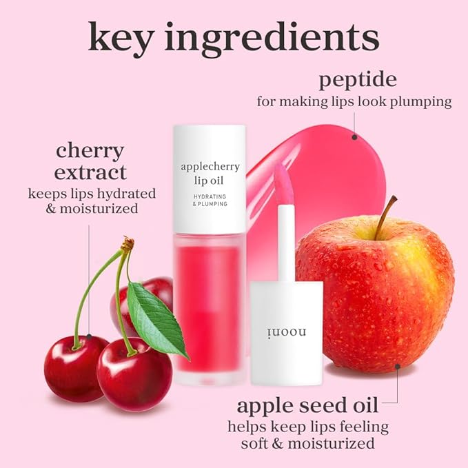 NOONI Korean Lip Oil - Applecherry | Long-Lasting, Moisturizing, Plumping, Revitalizing for Dry Lips, Waterproof, No Peel Off, Hydrating, Nourishing Crystal Clear, 0.12 FL Oz-Velvo Beauty