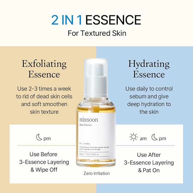 mixsoon Bean Essence, Vegansnail, Exfoliating Essence for face, Hydrating Korean Skin Care,Glassskin 1.69 fl.oz/50ml-Velvo Beauty