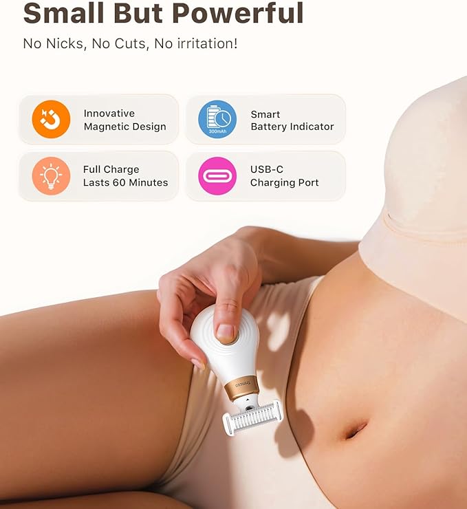 Mini Bikini Trimmer for Women - Intimate Pubic Hair Removal, Electric Body Groomer, Small Portable Wet/Dry Shaver, Magnetic Blade, USB-C Rechargeable with Travel Case, Easy to Clean (White)-Velvo Beauty