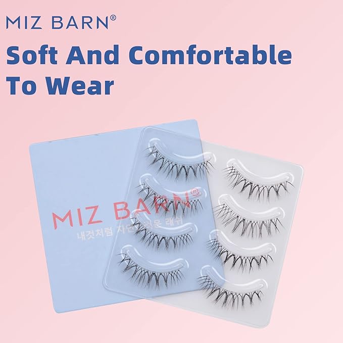 Miz Barn Daily Natural Look False Eyelashes, 4 Pairs Soft Lightweight Comfortable Short Lashes Clear Band Handmade False Eyelashes (W-7)-Velvo Beauty