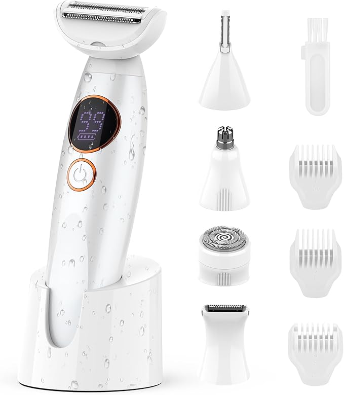 5 in 1 Bikini Trimmer for Women,IPX7 Waterproof Cordless Replaceable Pubic,Eyebrow,Facial Electric Razors&Nose Hair Trimmer&Painless Body Shaver for Arms Legs Underarms,USB Charge,LED Display,Wet&Dry-Velvo Beauty