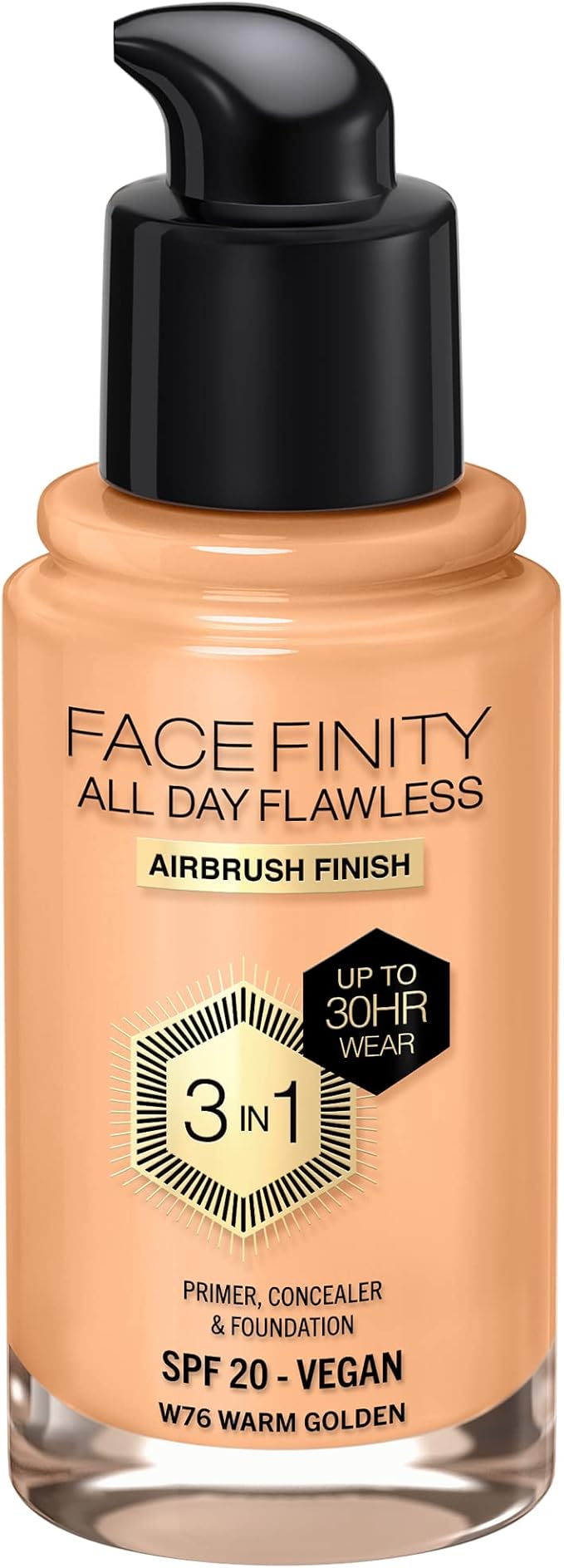 Max Factor Facefinity 3-in-1 All Day Flawless Liquid Foundation, SPF 20-76 Warm Golden, 30 ml-Velvo Beauty