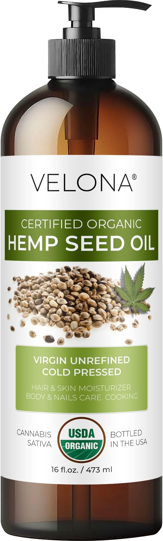 velona Hemp Seed Oil USDA Certified Organic - 16 Fl Oz | 100% Pure and Natural Carrier Oil | Unrefined, Cold Pressed | Hair, Body, Face & Skin Care-Velvo Beauty