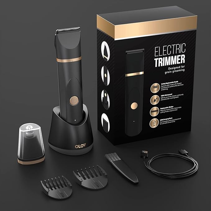 OLOV Electric Body Hair Trimmer - Groin Trimmer for Men - Bikini Trimmer Women - Wet/Dry Shaver Groomer, Replaceable Ceramic Blade Heads, USB Recharge Dock, Waterproof Hygiene Razor,Black-Velvo Beauty