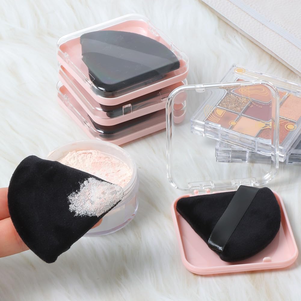 Ocim 4 Pcs Triangle Powder Puffs for Face Powder,Soft Velour Triangular Beauty Puff,Makeup Pressed, Baking & Setting Powder Sponge Applicator Pads with Case,black-Velvo Beauty