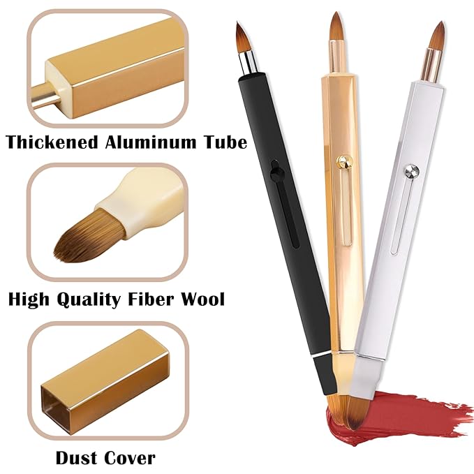 3 Pack Lip Brush for Lipstick Makeup Brushes Double-Ended Retractable Lip Brush with Cap Dustproof for Lipstick Gloss Creams Portable with Cap(Black + Gold + Silver)-Velvo Beauty
