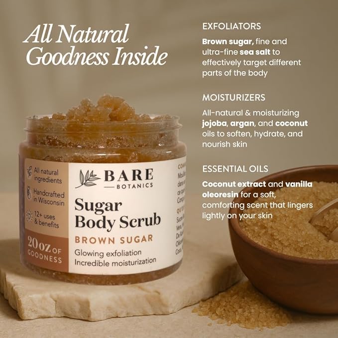 Bare Botanics Brown Sugar Body Scrub 20 oz - Naturally Scented Coconut Vanilla Sugar Scrub Made in Madison, WI - Formulated w/Skin Loving Moisturizers - Vegan, Cruelty Free w/a Cute Wooden Spoon-Velvo Beauty