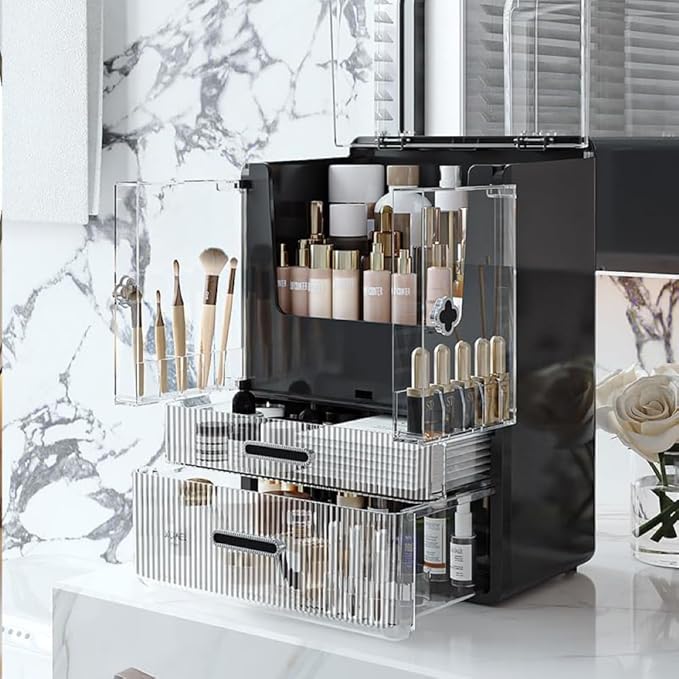 Acrylic Makeup Organizer with Drawers – 38.5CM Large Capacity Cosmetic Storage Box, Dustproof & Waterproof Vanity Organizer for Skincare, Jewelry, Lipsticks & Beauty Products (Black)-Velvo Beauty