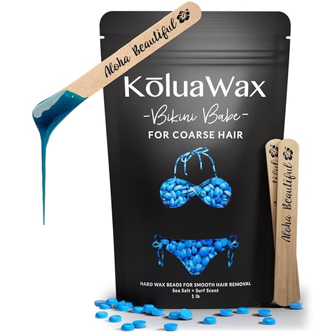 KoluaWax Hard Wax Beads for Hair Removal – Coarse Hair Formula – Face, Brazilian, Underarms, Back Chest, Bikini Waxing – Sea Salt & Surf, 1lb Refill for Wax Warmers & 10 Large Applicator Sticks-Velvo Beauty