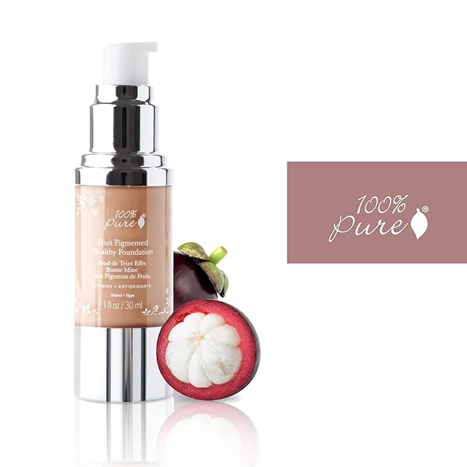 100% PURE Healthy Foundation Full Face Coverage Makeup, Liquid Matte Finish with Anti-Aging Benefits - Vegan Gorgeous Fruit Pigmented Peach Bisque Color (Medium with Olive Undertone) - 1 Fl Oz-Velvo Beauty
