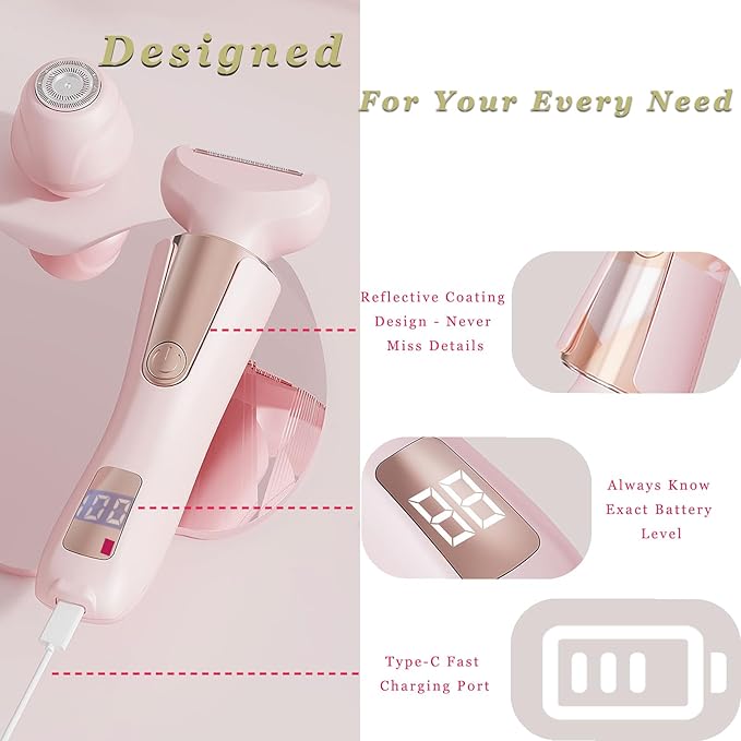 Bikini Trimmer for Women 3 in 1 Body Shaver | No Nick Replaceable Dual Heads | Rechargeable Electric Razors for Pubic Hair with LCD Display | Women's Bikini Area, Face, Legs & Underarms Trimmer-Velvo Beauty