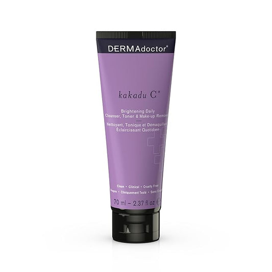 DERMAdoctor Kakadu C Dermatologist Formulated Vitamin C Brightening Daily 3 in 1, Exfoliating Face Wash, Toner, Make up Remover, Hydrating Facial Cleanser for Uneven, Dull Skin, Travel Size - 2.37 oz-Velvo Beauty