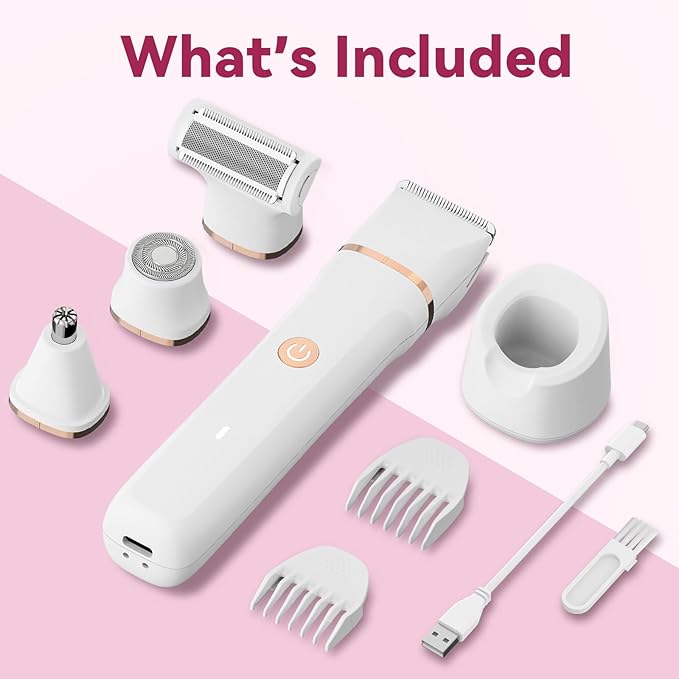 Electric Bikini Trimmer for Women - 4 in 1 Electric Razors for Women, Waterproof Pubic Hair Trimmers and Facial Hair Remover, Replaceable Shaver & Nose Hair Trimmer, Rechargeable Women's Grooming Kit-Velvo Beauty