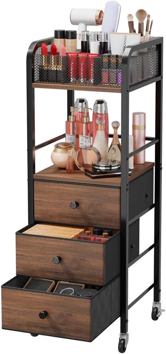 HapiRm Rolling Makeup Cart Organizer - Floor Skincare Make Up Storage with 3 Drawers, Vanity Organizer Cosmetic Display Cases Holder for Skin Care Perfume Nail Polish Brush Hair Tool-Velvo Beauty