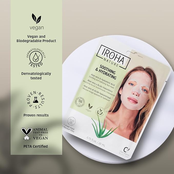 IROHA NATURE Comforting & Hydrating Tissue Face Mask with Aloe Vera | 15 Pieces | Aftersun Effect | 96% Natural Ingredients-Velvo Beauty