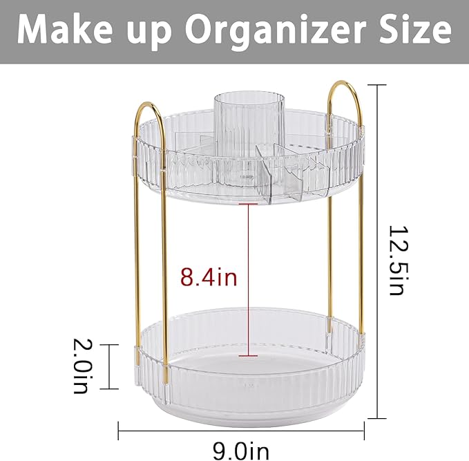 Rotating Makeup Organizer for Vanity, High-Capacity Skincare Clear Make Up Storage Perfume Organizers Cosmetic Dresser Organizer Countertop 360 Spinning (Clear, New-2 Tier)-Velvo Beauty