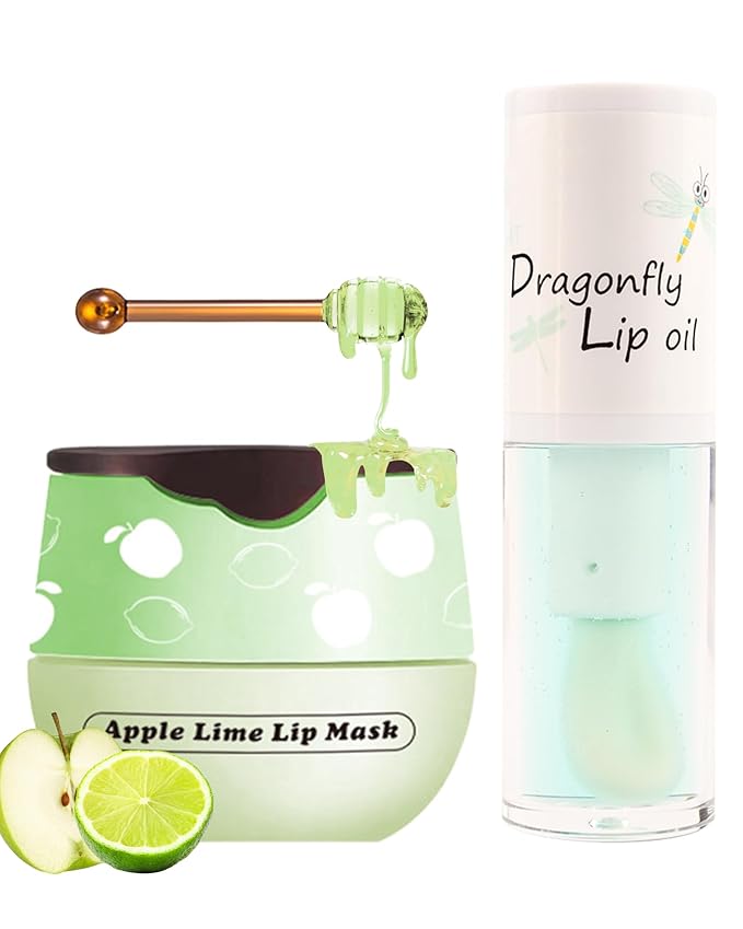 2Pcs Apple Lime Lip Bee Balm Honey Pot Lip Mask & Lip Glowy Oil Lip Gloss Care Set, Propolis Moisturizing & Nourish Lip Gloss Repair, Plump Dry Cracked Lip Scrub Exfoliator bálsamo para labios -Set D-Velvo Beauty