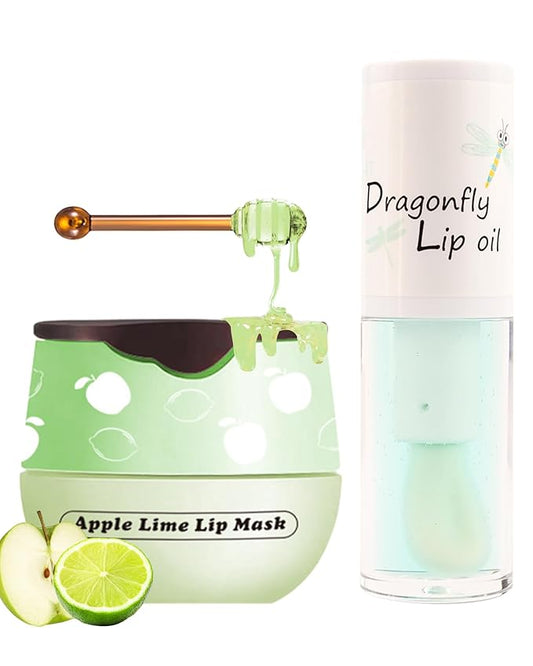2Pcs Apple Lime Lip Bee Balm Honey Pot Lip Mask & Lip Glowy Oil Lip Gloss Care Set, Propolis Moisturizing & Nourish Lip Gloss Repair, Plump Dry Cracked Lip Scrub Exfoliator bálsamo para labios -Set D-Velvo Beauty