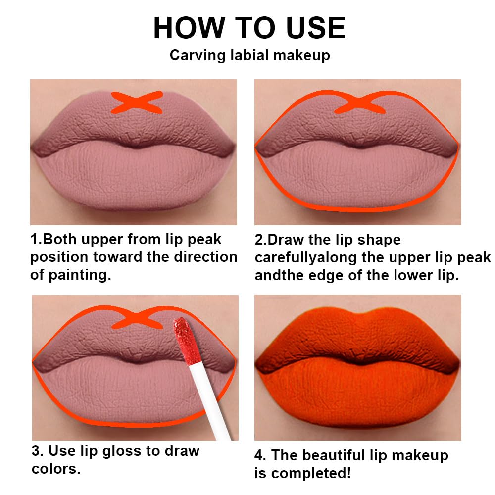 evpct 2Pcs Orange Light Fire Red Matte Liquid Lipstick Lip Gloss Stain and Retractable Lip Liner Makeup Set for Women Long Lasting Waterproof 24 Hours Lipstick labial mate larga duracion 24 54#-Velvo Beauty