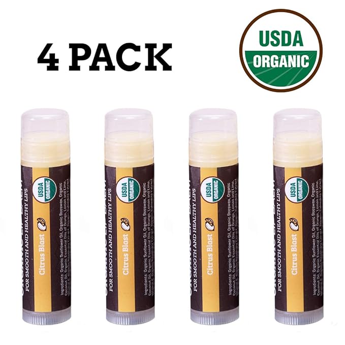 USDA Organic Lip Balm 4-Pack by Earth's Daughter - Citrus Flavor, Beeswax, Coconut Oil, Vitamin E - Best Lip Repair Chapstick for Dry Cracked Lips.-Velvo Beauty