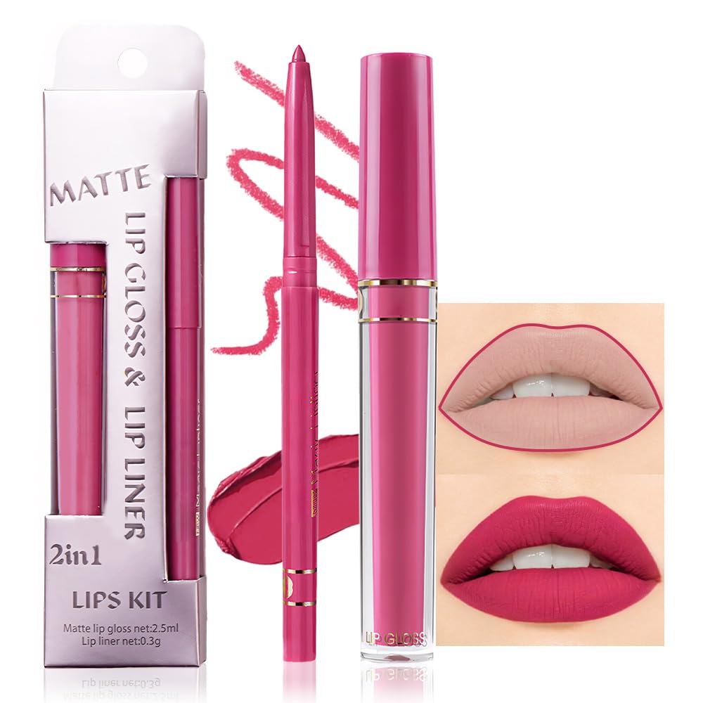 evpct 2Pcs Rose Red Matte Lip Liner and Lipstick Lip Gloss Pencils Makeup Set Kit for Women Long Lasting Waterproof-Velvo Beauty