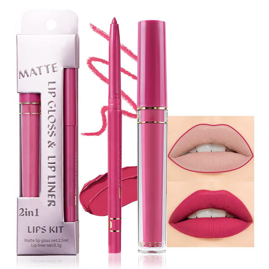 evpct 2Pcs Rose Red Matte Lip Liner and Lipstick Lip Gloss Pencils Makeup Set Kit for Women Long Lasting Waterproof-Velvo Beauty