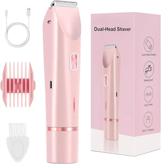 QNHMPW Bikini Trimmer for Women,Electric Razors for Women,2-in-1 Dual Head Shaver- Wet/Dry Shaver Groomer, Waterproof Hygiene Razor Used for Face, Underarm, Leg, Bikini Area(Pink)-Velvo Beauty