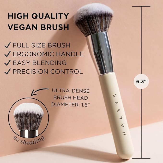HALEYS Kabuki Makeup Brush VEGAN+CRUELTY-FREE, Sustainable Wood, Vegan Bristles for Airbrushed Finish, For Creams, Liquids, Powder, Streak-free, Perfect Blending, Buffs, Blurs, Smooths with Control-Velvo Beauty