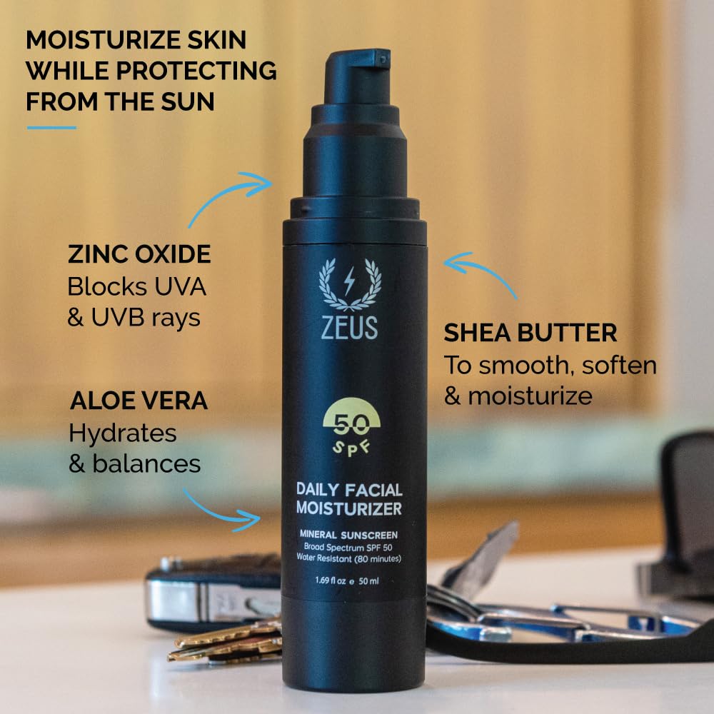 ZEUS Men's Daily Defense SPF50 Face Moisturizer for Men, Natural & Organic, Zinc Oxide Face Moisturizing Mineral Sunscreen, Hydrates & Protects Skin Against Harmful UV Rays (Made in USA)-Velvo Beauty