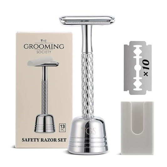 Double Edge Safety Razor for Men with Stand and Silicone Cover - Durable Metal Eco-Friendly Single Blade Safety Razor with 10 Blades- Closed Smooth Shave (Silver)-Velvo Beauty