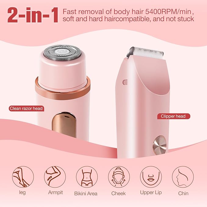 Bikini Trimmer for Women Electric Razors for Women Women's Electric Razor 2 in 1 Shaver Pubic Hair Trimmer Ipx7 Waterproof Wet Dry Use Bikini Shaver for Ladies Pubic, Legs, Face, Underarms (Pink)-Velvo Beauty