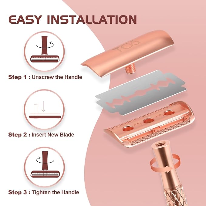 Double Edge Safety Razor for Women with Silicone Cover & 10 Blades for Travel Metal Eco-Friendly Reusable Single Blade Razor for Shaving (Rose Gold)-Velvo Beauty
