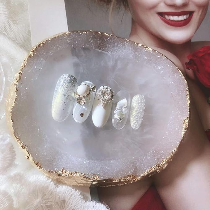 1pc White Golden Edge Resin Nail Art Palettes Nail Mixing Palette Polish Color Mixing Plate Nail Holder Display Cosmetic Mixing Tools Makeup Palette Tray Accessories (white)-Velvo Beauty
