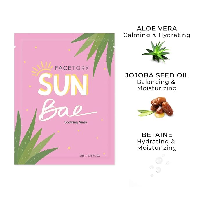 FACETORY K Beauty Face Mask Skin Care - SUN BAE SOOTHING Sheet Mask with Aloe & Shea Butter | After Sun Care, Soothe & Restore (5 Pack)-Velvo Beauty