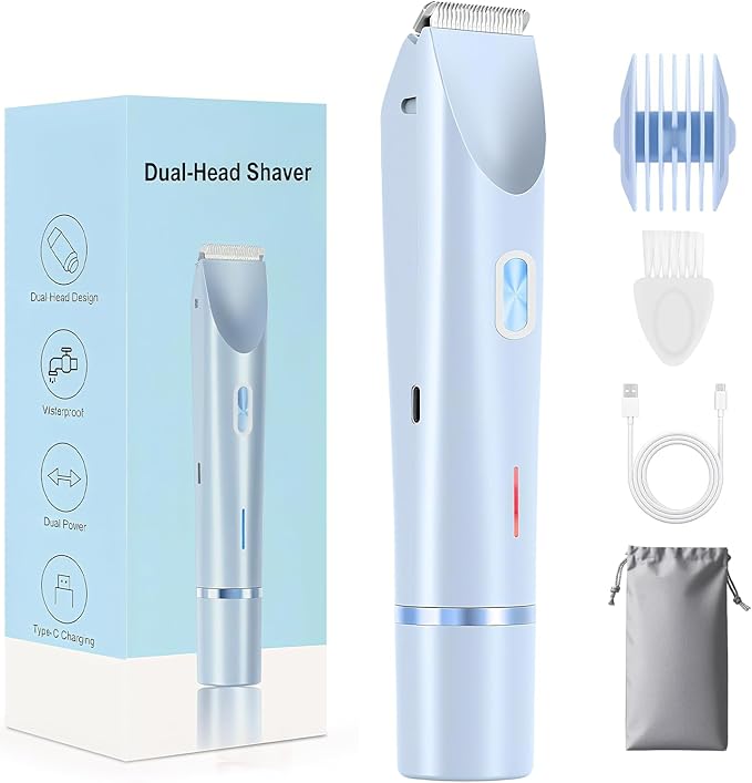 Dermave Bikini Shaver 2.0, 2025 New Glow Aura Bikini Trimmer for Women, 2 in 1 Dual Head Electric Razors for Women, IPX7 Waterproof Wet & Dry Electric Shaver, Rechargeable Portable Body Shaver (Blue)-Velvo Beauty