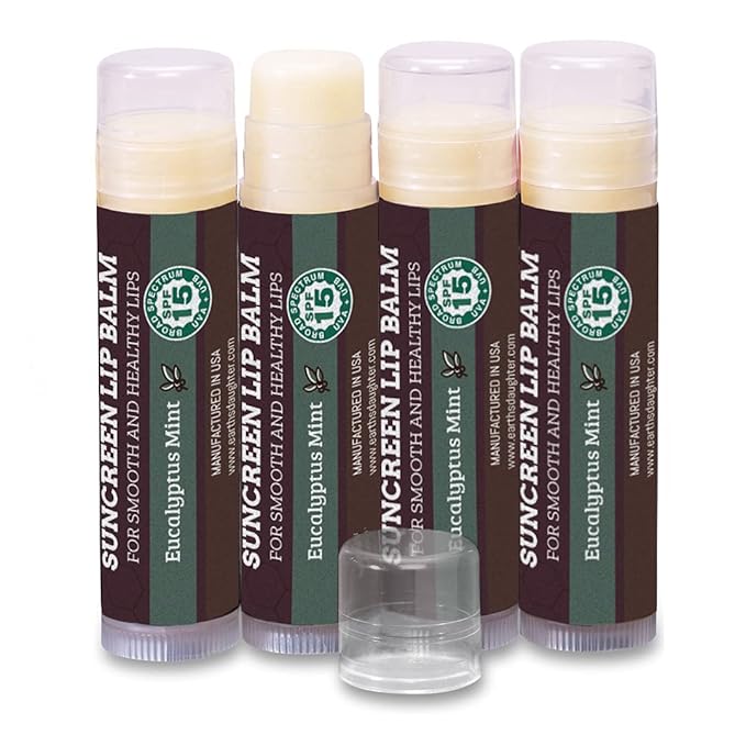 SPF Lip Balm 4-Pack by Earth's Daughter - Lip Sunscreen, SPF 15, Organic Ingredients, Eucalyptus Mint Flavor, Beeswax, Coconut Oil, Vitamin E - Hypoallergenic, Paraben Free, Gluten Free-Velvo Beauty