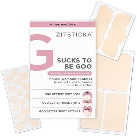 ZitSticka Pimple Patches for Face and Body, Goo Getter Hydrocolloid Patches to Cover Zits & Blemishes, Acne Patches or Zit Spot Stickers, Body Blemish Patch (Sucks to be Goo 23 Pack)-Velvo Beauty