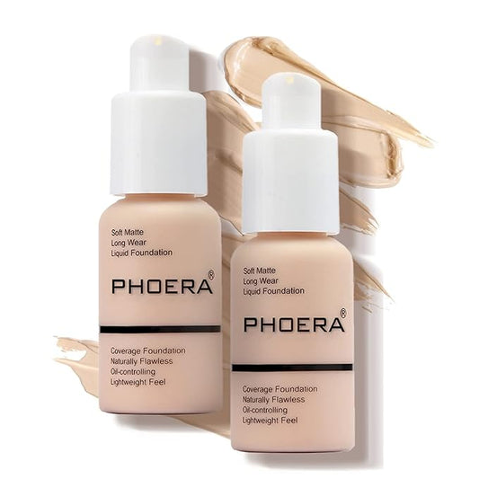 PHOERA Foundation Makeup Naturally Liquid Foundation Full Coverage Mattle Oil-Control Concealer 8 Colors Optional,Great Choice For Gift (2pcs,#101 Porcelain))-Velvo Beauty