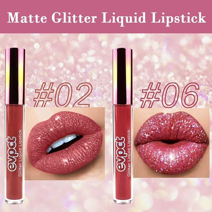 eevpct 2Pcs Mauve Red & Wine Red Matte to Glitter Liquid Lipstick Set Kit for Women Long Lasting Glossy Metallic Shimmer Sparkle Lipstick Lip Gloss 2+6-Velvo Beauty