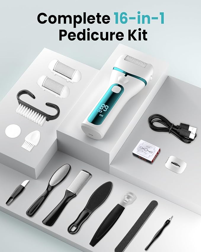 PUBOO Foot Callus Remover Electric 10000 RPM 3-Speed IPX7 Rechargeable Pedicure Kit for Hard Skin Women & Men. Portable Multi-Roller File Grinder Sander Scrubber with LED Display for Wet & Dry Feet-Velvo Beauty