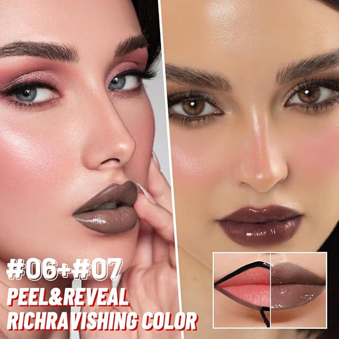 2Pcs Lip Stain Peel Off Lip Gloss oil Dual-Ended Combo, Lips Liner Stain Peel Off Masque, Long Lasting & Waterproof, Transfer-Proof Lip Tint Stain with Lip oil for All Skin Type 06#+07#-Velvo Beauty
