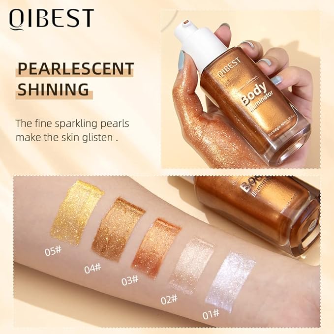 40ml Body Shimmer Oil,Face and Body Liquid Luminizer,Smooth Body Shimmer Oil For Sunshine Bath, Waterproof Moisturizing Light Shimmer Glow Illuminator,Liquid Highlighter Makeup,Makeup Brush Include (3#-Bronze Gold)-Velvo Beauty