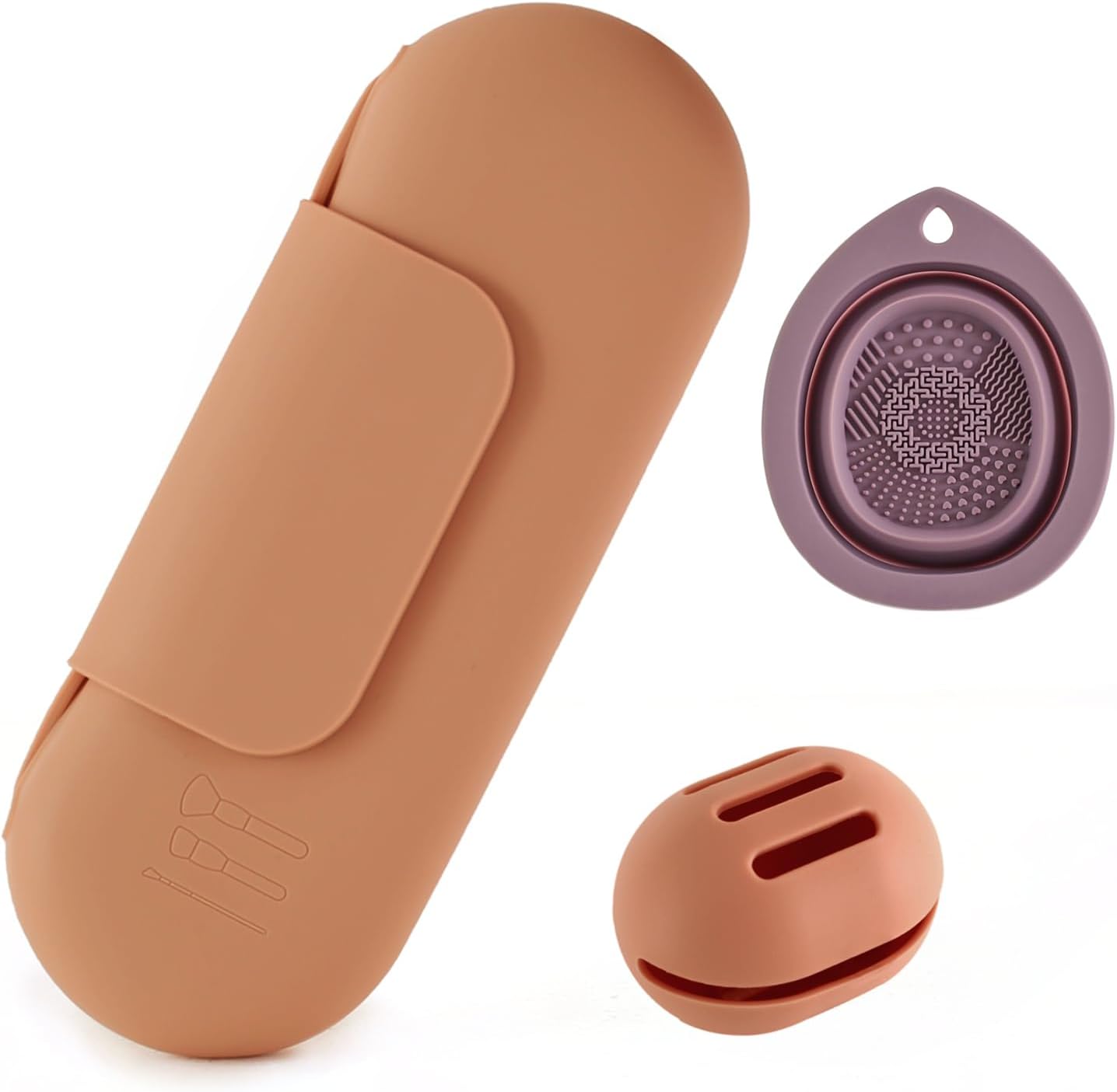 Silicone Makeup Brush Holder Set – Portable Travel Makeup Brush Holder with Makeup Sponge Holder and Foldable Cleaning Bowl – Upgraded 3-in-1 Cosmetic Organizer Set (coffee color)-Velvo Beauty